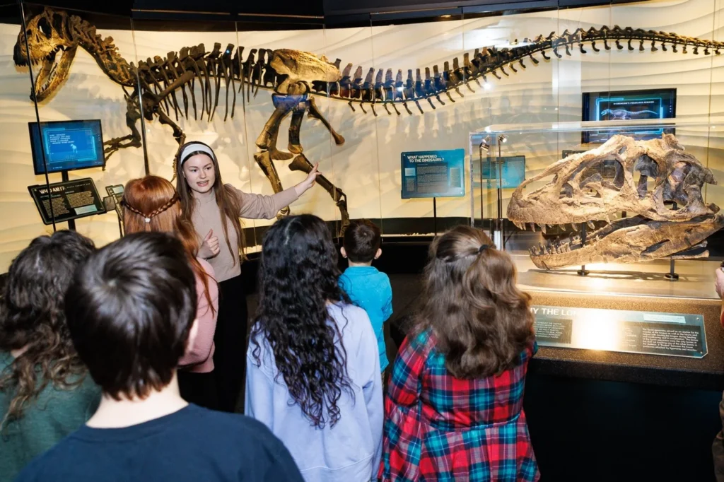 A guide explains a large dinosaur skeleton and skull fossil to a group of children in a museum gallery.
