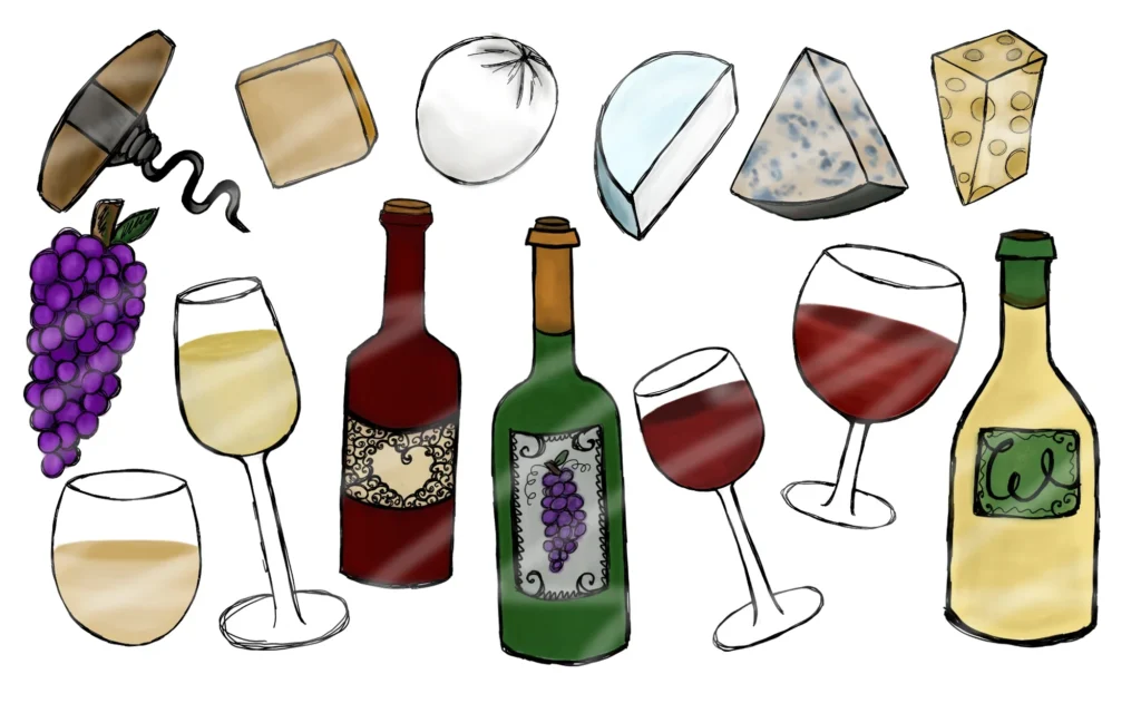A digital illustration showing assorted wine bottles, glasses of wine, various types of cheese, and a bunch of grapes.