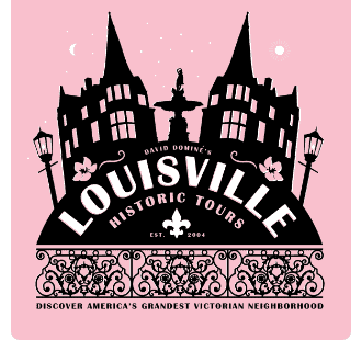 Logo for "David Domine's Louisville Historic Tours" with Victorian building silhouette on a light pink background.