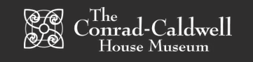 The logo for "The Conrad-Caldwell House Museum" featuring a stylized, decorative floral icon on a dark background.