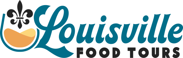 The logo for Louisville Food Tours features teal text, a fleur-de-lis, and a glass icon filled with gold liquid.