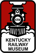 Logo of the Kentucky Railway Museum featuring a steam train silhouette on a red background and text below.