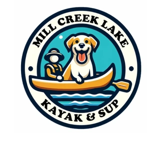 A circular logo for Mill Creek Lake Kayak & SUP featuring a person and a dog in a kayak on water.