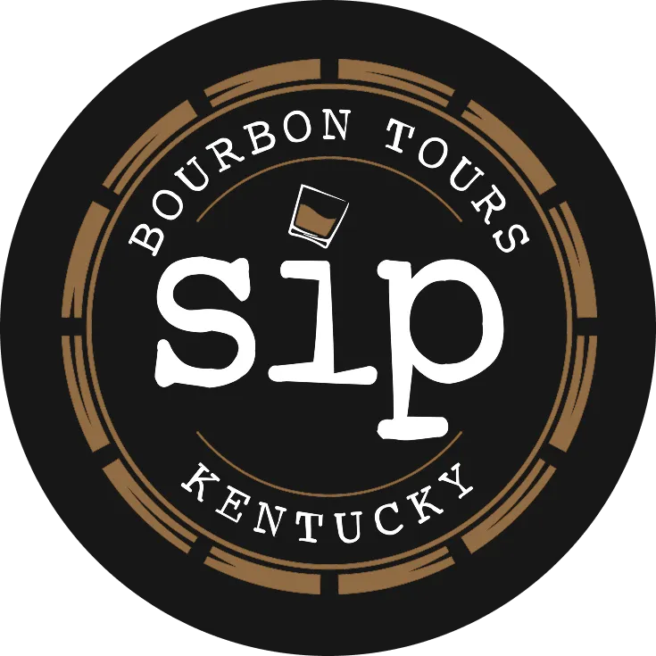 Logo for "SIP Bourbon Tours Kentucky" with an illustration of a glass of whiskey inside a circular barrel-style frame.